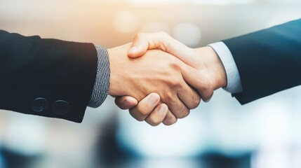 Closeup of a firm handshake between two business partners in a sleek office environment symbolizing successful negotiations and trust with a sense of mutual respect and achievement