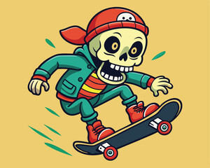 Skull Riding a Skateboard illustration on solid background