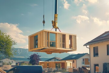 Wooden building module is raised by a crane