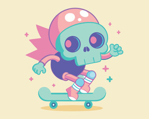 Skull Riding a Skateboard illustration on solid background