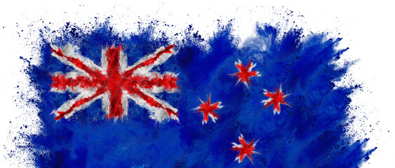 colorful flag of new zealand with  stars red and blue color holi paint powder explosion isolated white background. maori and national oceania travel and tourism concept.
