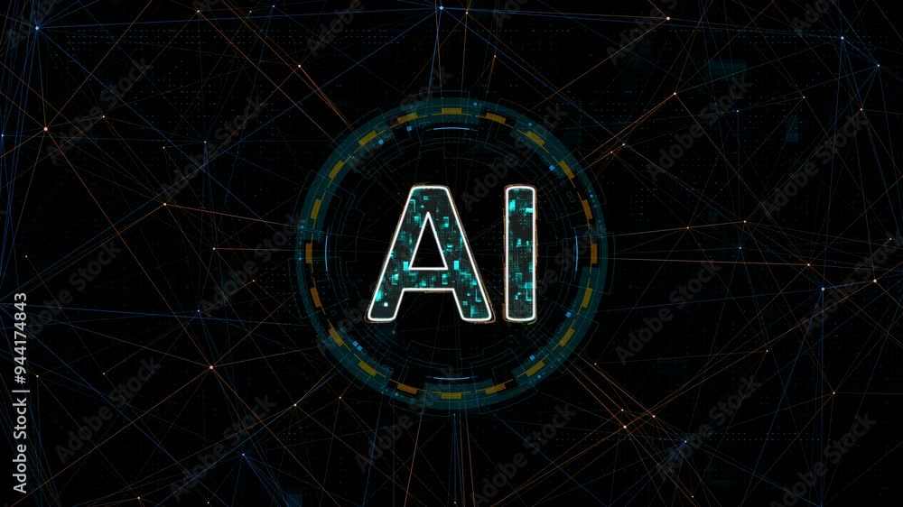 Poster motion graphic of blue digital ai logo with circle futuristic hud elements and orange line connectio