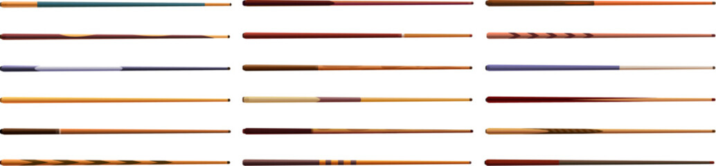 Cues billiard icons set. Set of billiard cue sticks showing different wood types and designs