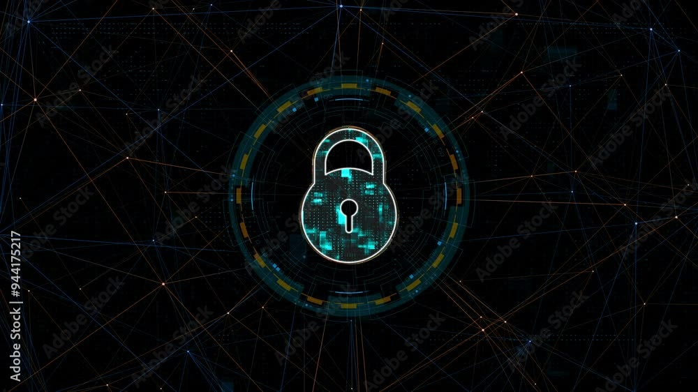 Poster motion graphic of blue digital security key logo with circle futuristic hud elements and orange line