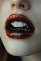 a woman's mouth with sharp teeth, dark red lipstick, and vampire fangs, Halloween make up