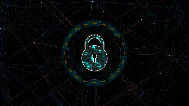 Motion graphic of Blue digital security key logo with circle futuristic HUD elements and orange line connection with network firewall technology and data secure concepts abstract background
