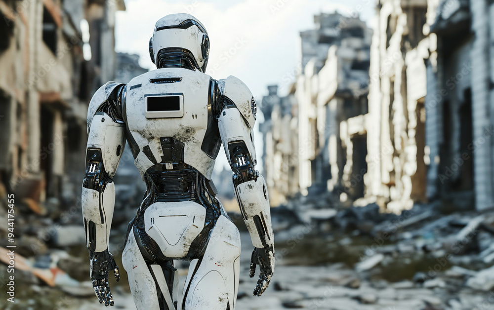 Poster rear view of humanoid robot in a futuristic cityscape. sci-fi concept of advanced robotics and artif