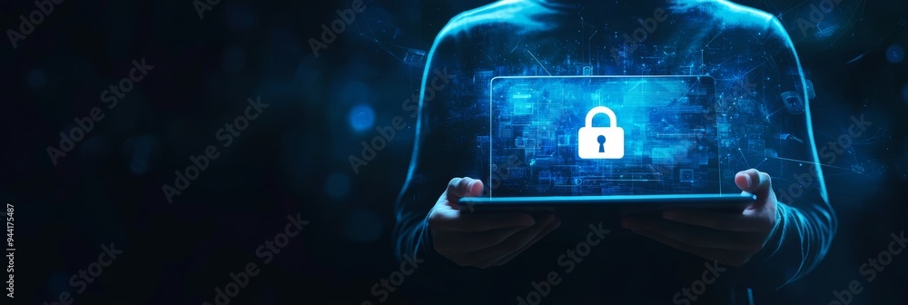 Poster person holding a laptop with a glowing padlock icon in a dark environment with abstract digital conn