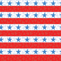 Fototapeta premium Patriotic Red and White Stripes with Blue Stars on a Textured Hearts Background creating a seamless pattern print background
