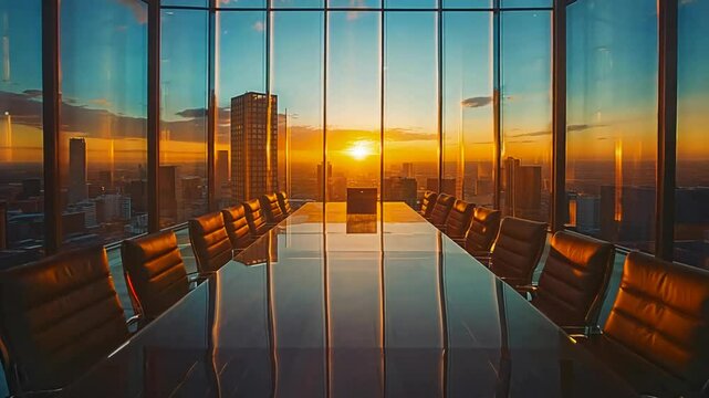 Modern boardroom sits empty, bathed in the warm glow of the setting sun, with panoramic windows showcasing a breathtaking cityscape