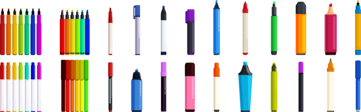Felt tip pen icons set. Large collection of colorful pen markers perfect for any design project