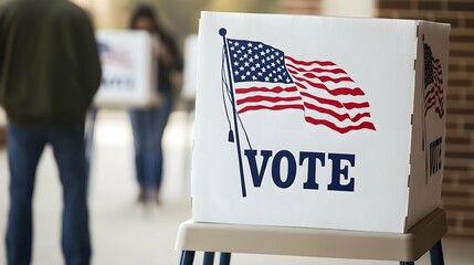 A person casting their ballot at an open voting booth, with the american flag and "VOTE" written on it