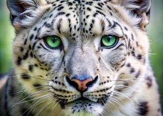 Fototapeta premium Majestic close-up of a white leopard's striking face, featuring piercing green eyes, vibrant fur, and subtle spots, set against a soft, gradient background.