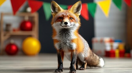 A red fox with a curious expression sits in a festive setting