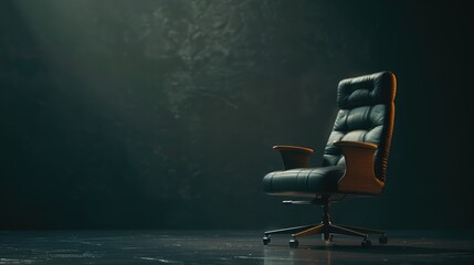 Black leather office chair in a dark room. Luxury leather office chair boss. 