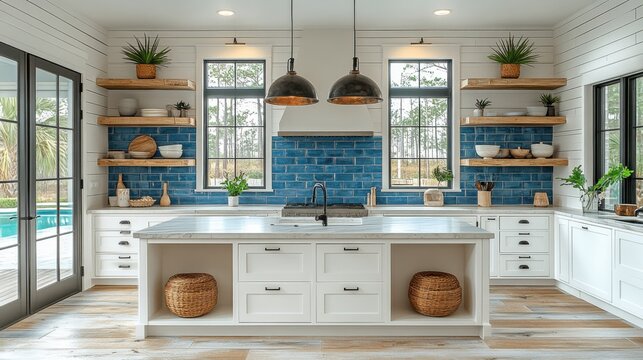 Modern white kitchen with blue backsplash and large island in bright, stylish home interior.