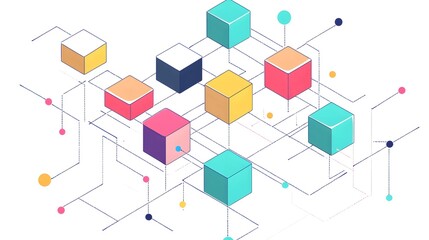 Obraz premium A simple line drawing of an isometric network with colorful blocks and dots connecting them, on a white background 