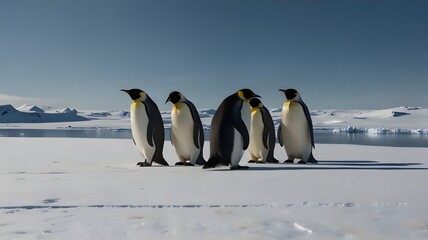 A group of Emperor penguins standing on a vast, icy landscape, scene evokes a sense of peace and tranquility. 