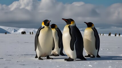 Fototapeta premium A group of Emperor penguins standing on a vast, icy landscape, scene evokes a sense of peace and tranquility. 