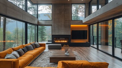 Modern living room with cozy fireplace and orange sofas in glass-walled forest retreat