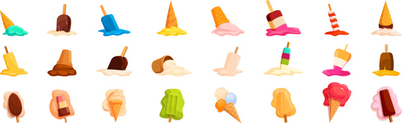 Melted ice cream icons set. Set of different tastes ice cream melting on the ground
