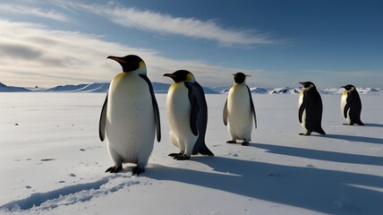 Obraz premium A group of Emperor penguins standing on a vast, icy landscape, scene evokes a sense of peace and tranquility. 