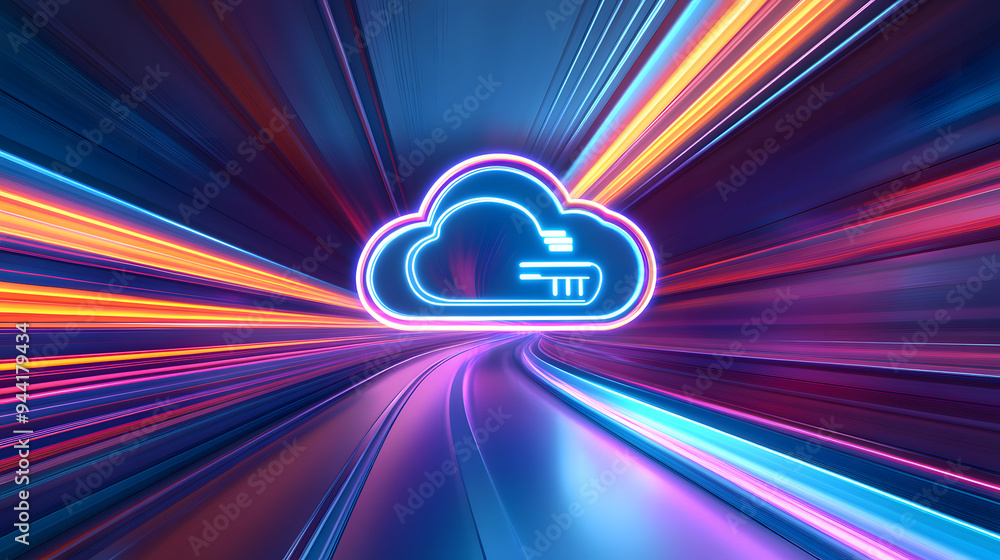 Poster futuristic 3d illustration of a neon-lit cloud icon with vibrant light trails in a tunnel. fast data