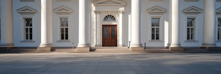 A grand entrance featuring tall columns and wooden doors, symbolizing elegance, authority, and a warm welcome.
