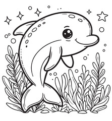 Dolphin swim under sea kid coloring page design