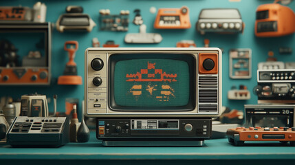 Vintage retro television set displaying a pixelated video game graphic, surrounded by various nostalgic electronics and gadgets on a blue background.