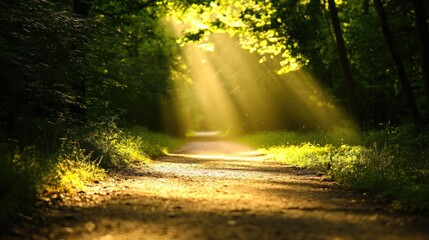 Obraz premium A serene forest pathway illuminated by sunlight filtering through the trees, creating a peaceful and inviting atmosphere.