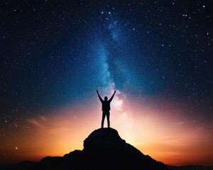 Fototapeta premium A person triumphantly standing on a rock under a starry sky, celebrating the beauty of nature and the universe's vastness.