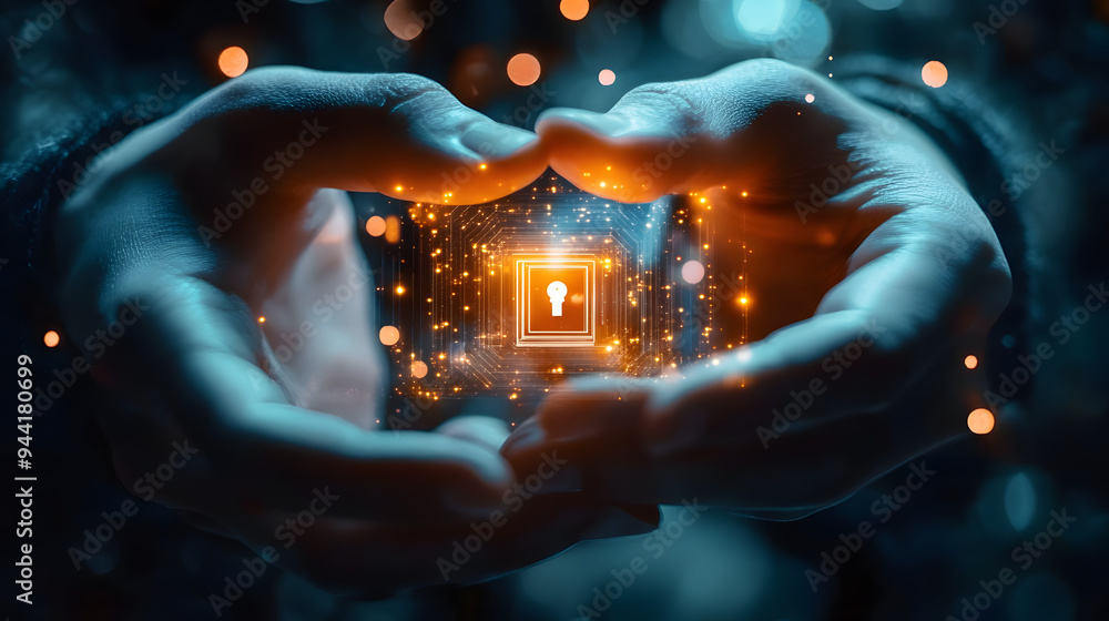 Poster hands holding a secure token for accessing a protected network, zero trust architecture, essential s