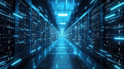 Data center with rows of sleek servers glowing with blinking LED lights connected by an intricate web of cables and data streams the environment is bathed in cool blue lighting creating a futuristic