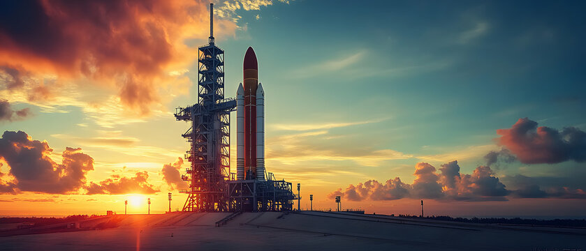 space rocket on launch pad, panoramic shot of the sky and the setting sun in the background. - Powered by Adobe