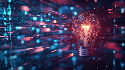 A bright idea light bulb surrounded by an intricate network of binary code and AI algorithms, floating in a virtual space filled with holographic displays of machine learning models, real-time data