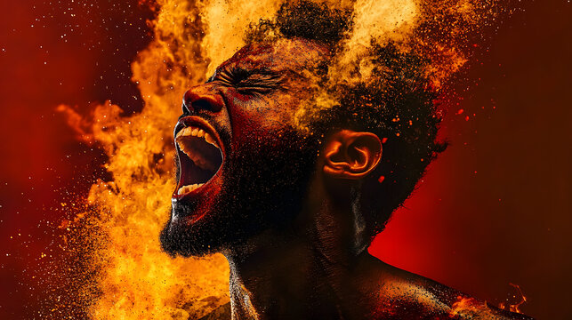 An image of a black man shouted with fire and copy space