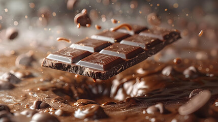 Chocolate Bar Falling Into Melted Chocolate - Realistic Food Photo