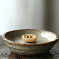 A single smooth off-white button rests in a shallow ceramic bowl