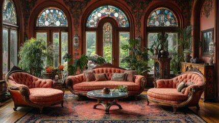 Luxurious victorian-style living room with ornate furniture and stained glass windows. elegant interior design.