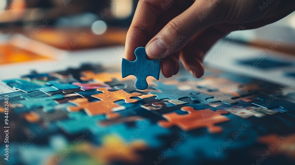 Poster close-up of a hand fitting the last blue puzzle piece into a colorful puzzle on a table during a bra