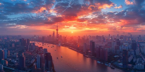 Fototapeta premium Sunrise Over Shanghai Skyline