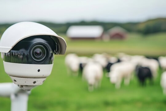 Modern Farm Security: Surveillance Camera Overlooking Flock of Sheep in Countryside