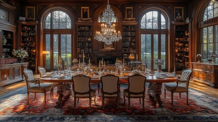 Elegant dining room in a historic mansion set for a formal dinner with chandeliers and large windows.