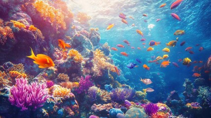Obraz premium Vibrant Coral Reef with Sunbeams and Colorful Fish