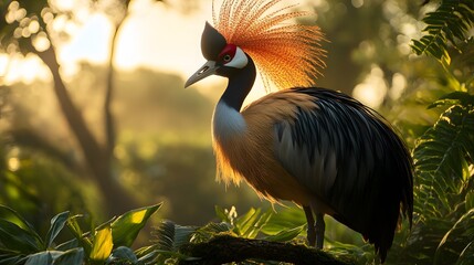 Fototapeta premium Grey Crowned Crane Bird, Perched on a Branch in Nature, Photo Realistic, Wallpaper, Cover and Screen for Smartphone, Cell Phone, Computer, Laptop, 9:16 and 16:9 Format