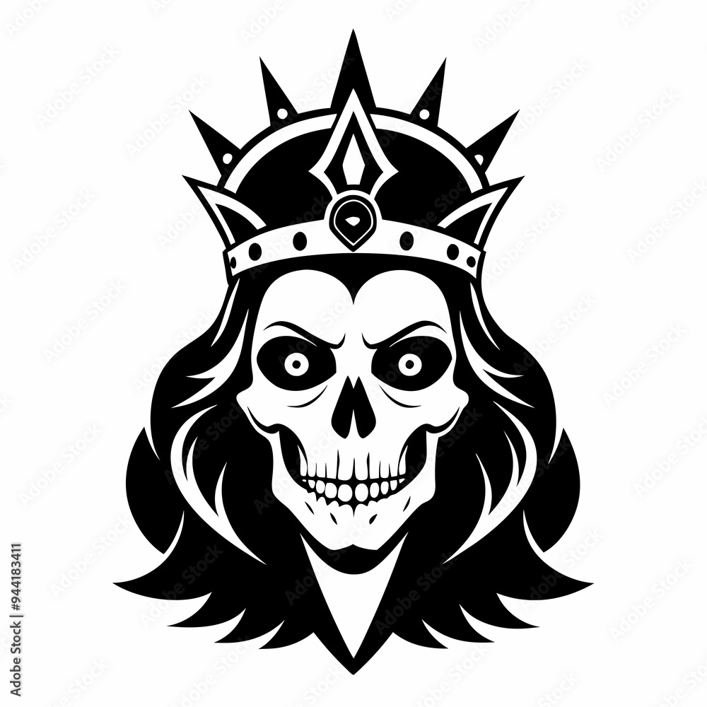 Poster queen skull vector art lino cut or cutout silhouette