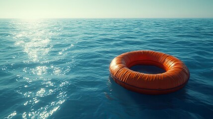 Obraz premium A single orange life preserver floats on calm ocean water a ray of sunlight gleaming on the waves