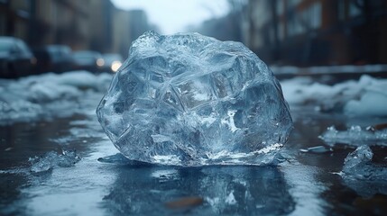 A large clear ice chunk sits on a snowy icy street