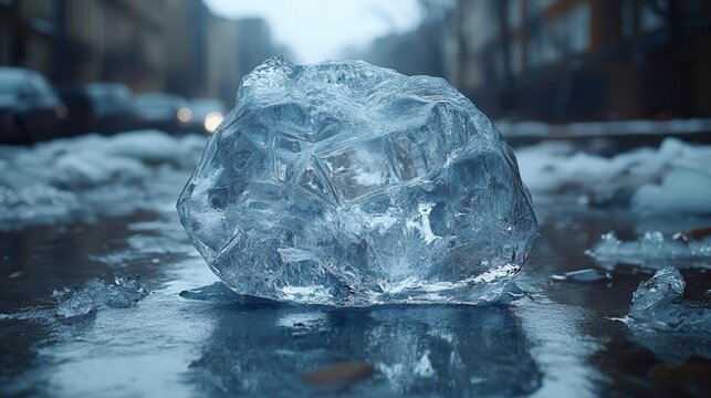 A large clear ice chunk sits on a snowy icy street